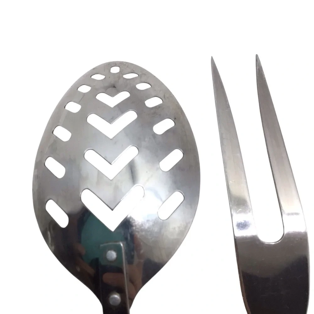 Vintage Japan Stainless Steel 3 Pc Serving Set Wood Handle Spoon Fork Utensils